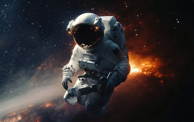 Astronaut floats in deep space beside glowing nebula, stars scattered across the dark void