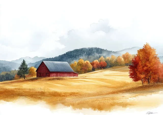 Red barn on golden hills under soft winter mountains