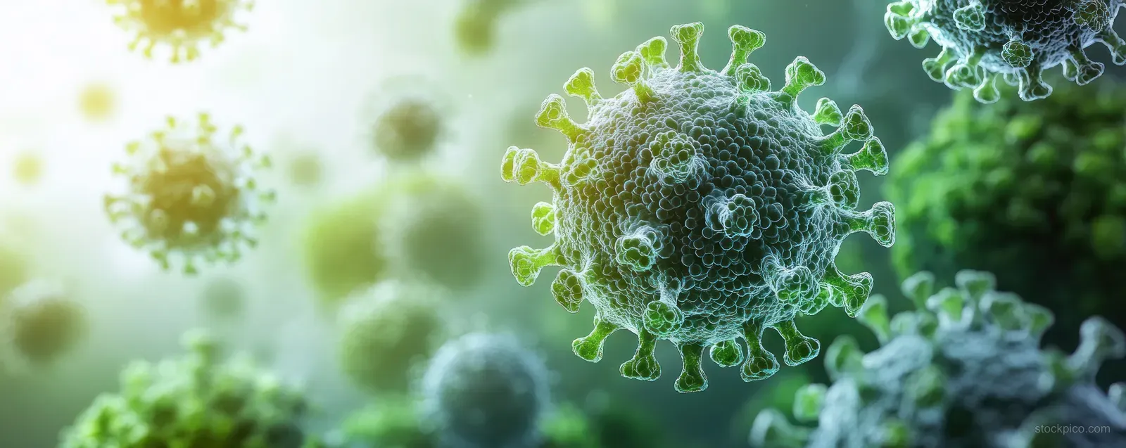 Glowing coronavirus particles float on a soft green medical background in a science illustration.