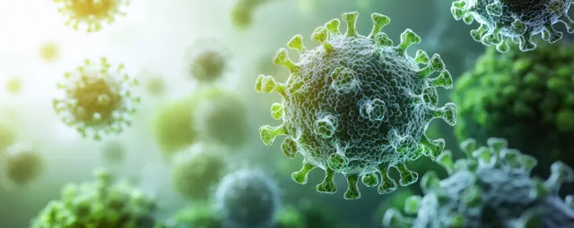 Glowing coronavirus particles float on a soft green medical background in a science illustration.