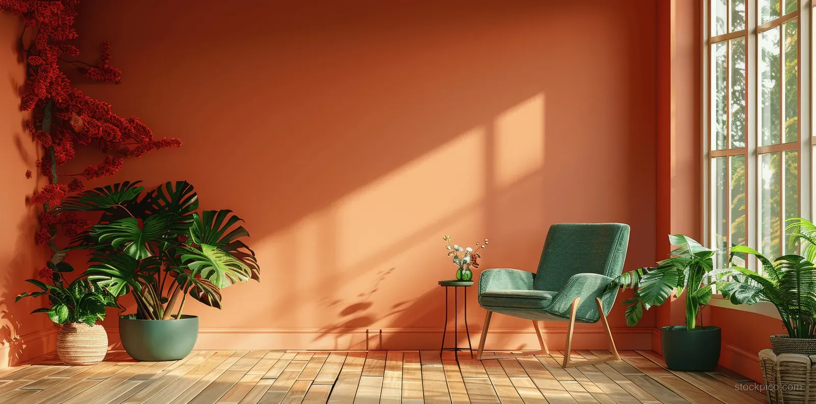 Green armchair beside potted plants in a warm peach room with sunlight shadows across the wooden floor.