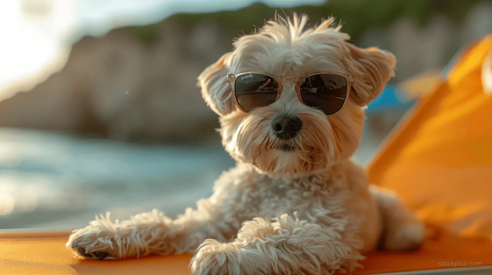 White Havanese dog wearing sunglasses lounges on a beach chair under an orange sunshade with ocean behind it.