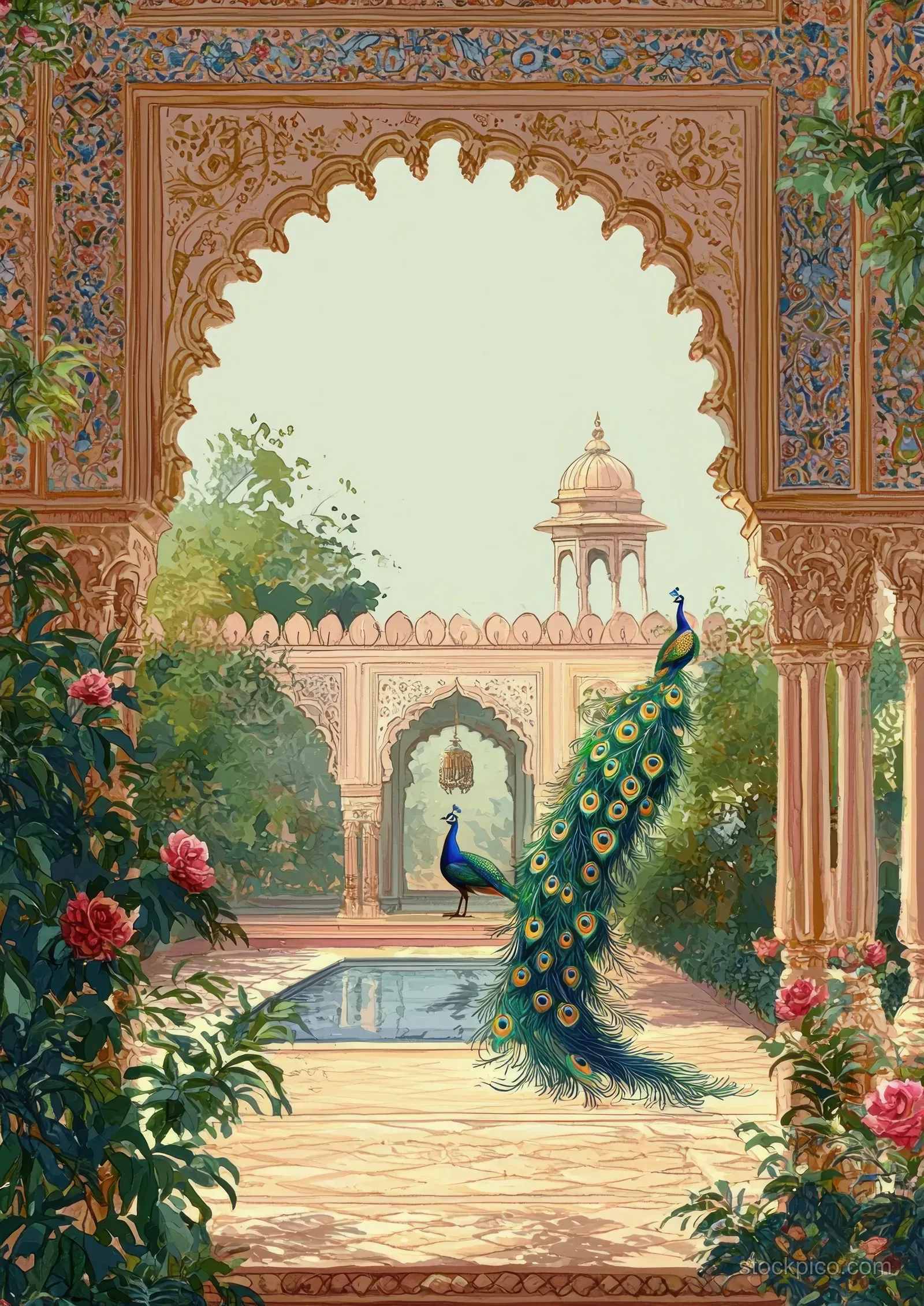 A peacock stands in a Mughal courtyard framed by ornate arches, greenery, and flowering plants in watercolor style.