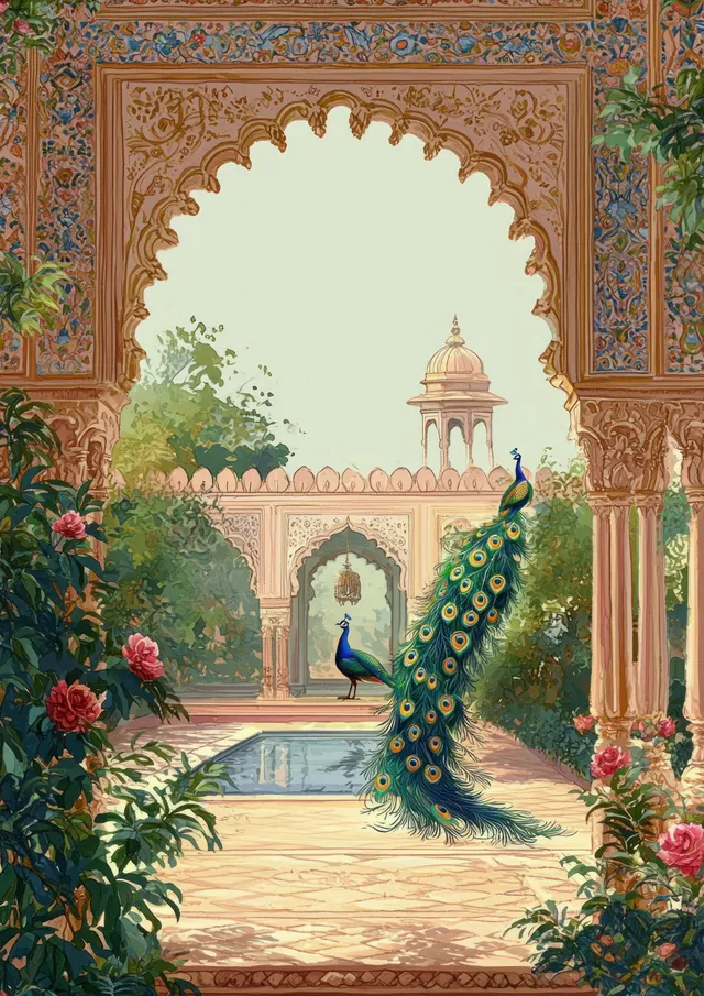 Un pavo real se alza en un patio mogol enmarcado por arcos ornamentados, vegetación y plantas florecidas en estilo acuarela.