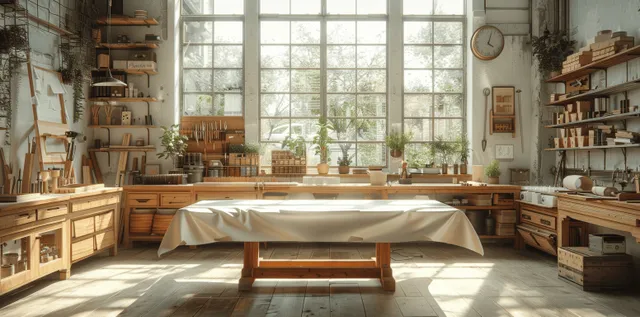 Sunlit woodworking workshop shows an empty workbench, scattered tools, and tall window light across wooden furniture.