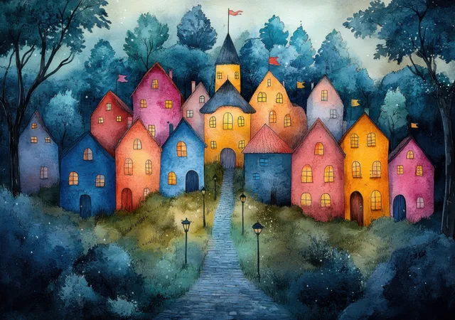 Whimsical coastal village street with colorful houses, lamps, and sea-blue night mist