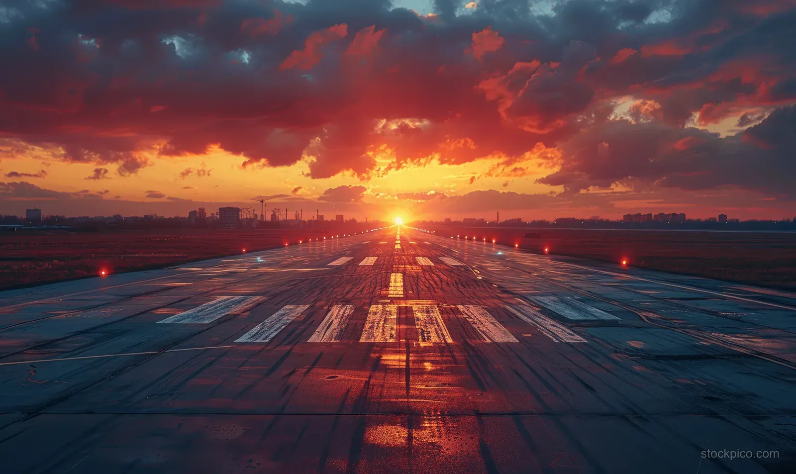 Empty airport runway at sunset with dramatic clouds and sun glare reflecting on asphalt markings.