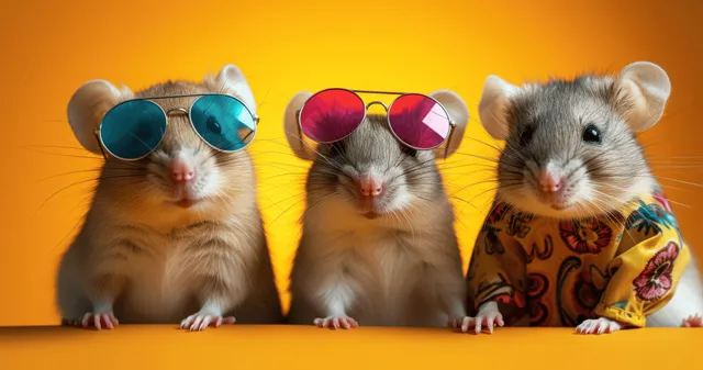 Three mice wearing mirrored sunglasses pose together against an orange background with patterned clothing.