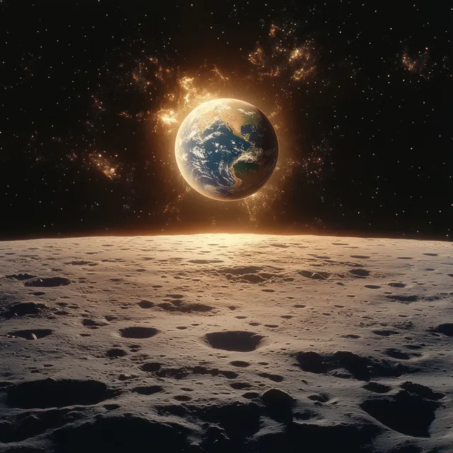 Glowing Earth rises above a cratered moon surface under a starry sky with drifting cosmic particles.