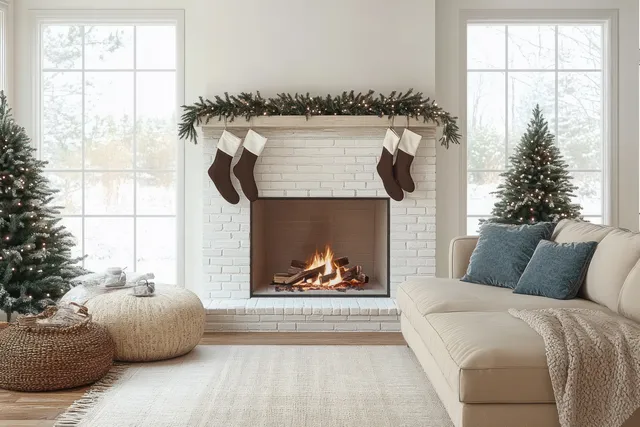 Neutral sofa sits beside a white brick fireplace with burning flames and stockings above, lit by bright daylight from large windows.