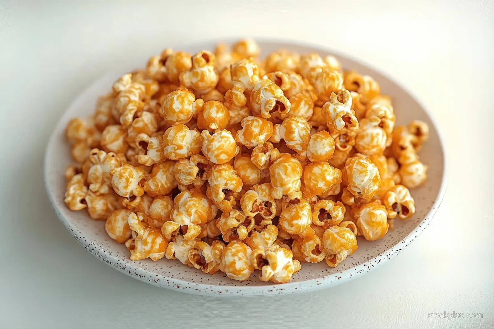 Caramel-coated popcorn piled on a white plate with glossy golden caramel glaze under soft lighting.
