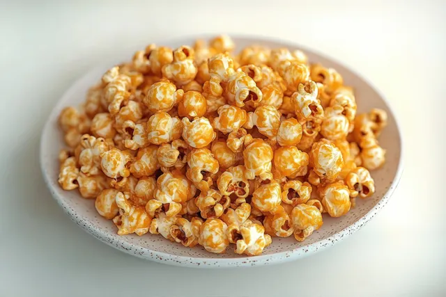 Caramel-coated popcorn piled on a white plate with glossy golden caramel glaze under soft lighting.