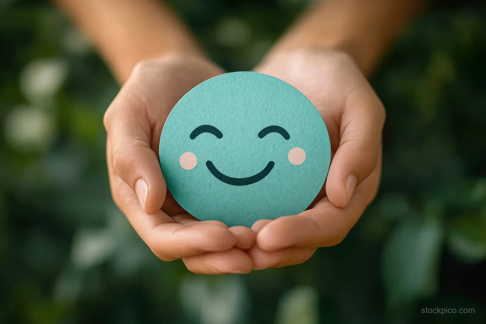 Hands gently cradle a round teal smiling face card against a softly blurred green outdoor background.