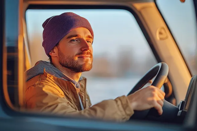 Truck driver in cabin steering toward camera on highway at golden hour