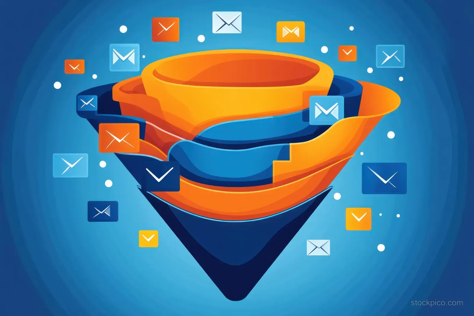 Abstract orange and blue funnel layers surrounded by floating email envelope icons on a blue gradient background.