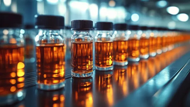 Amber liquid medical vials stand in rows in a laboratory with glowing reflections and blurred background lights.