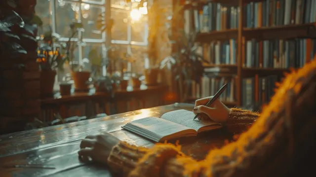 A pen writes in an open notebook on a wooden desk while warm sunlight glows through a home library.