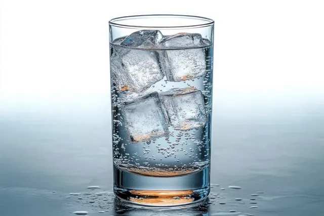 Clear glass of sparkling water with large ice cubes and bubbles, with condensation droplets on a reflective wet surface.