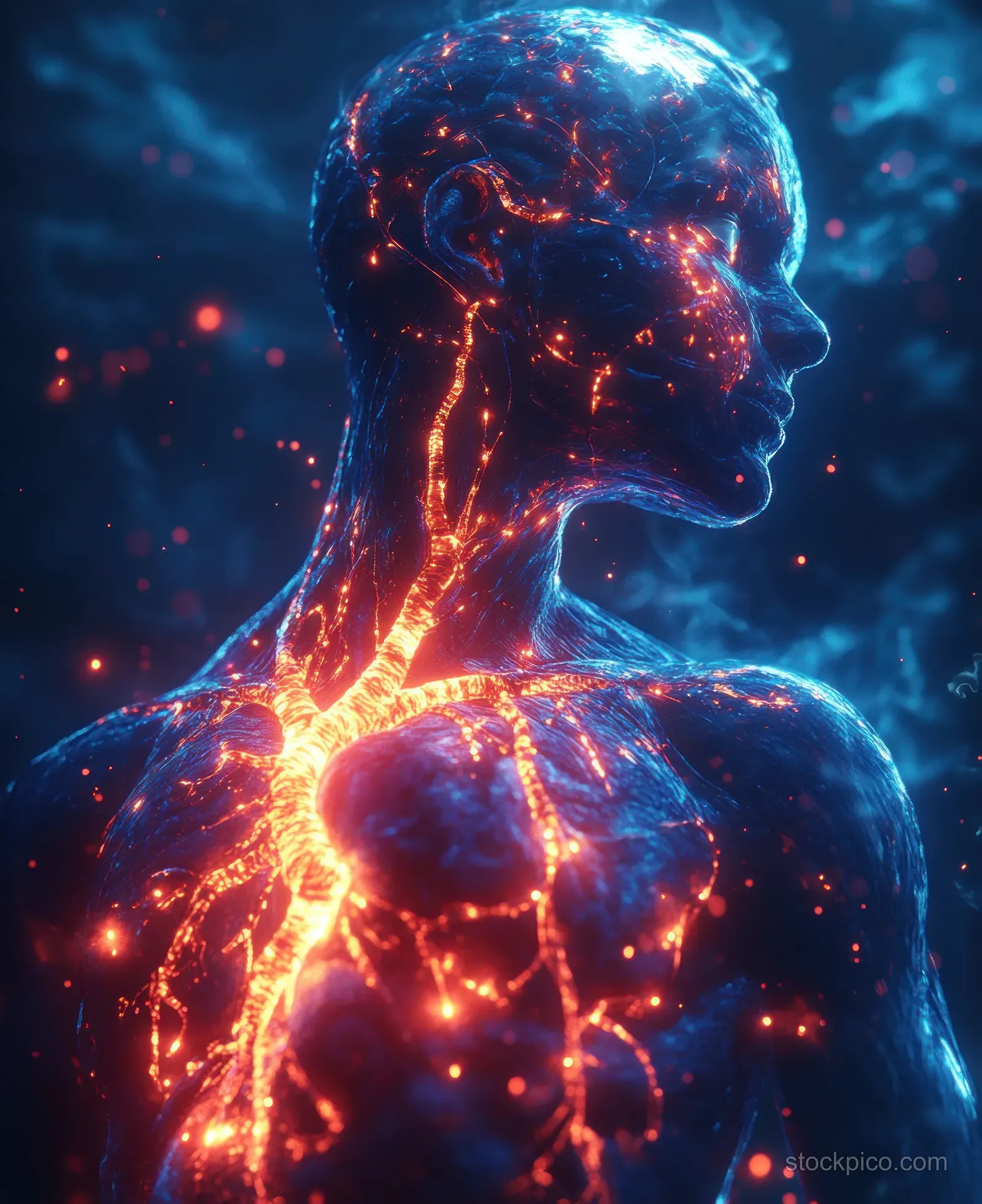 Glowing heart and branching blood vessels overlay a human silhouette with dark blue lighting and floating particles.