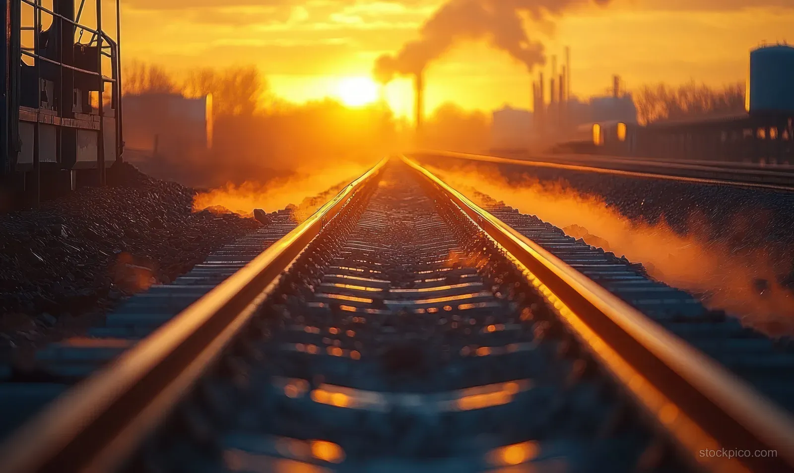 Sunlit railway tracks stretch into the distance while industrial buildings emit smoke under an orange sunset sky.