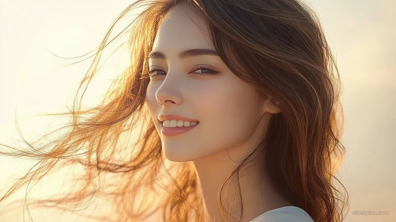 Smiling Asian woman in golden-hour sunlight with hair blowing in the wind against a softly blurred background.