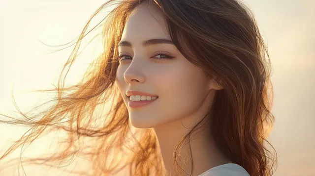 Smiling Asian woman in golden-hour light, hair blowing softly in the wind