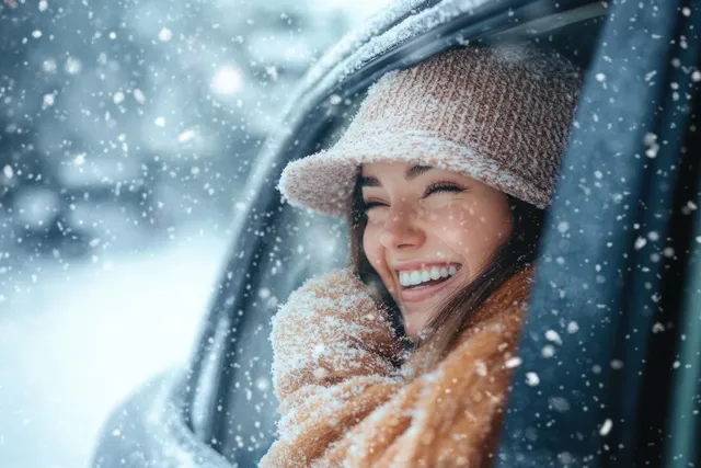 Joyful woman in hat and scarf laughing at snow while traveling past snowy forest