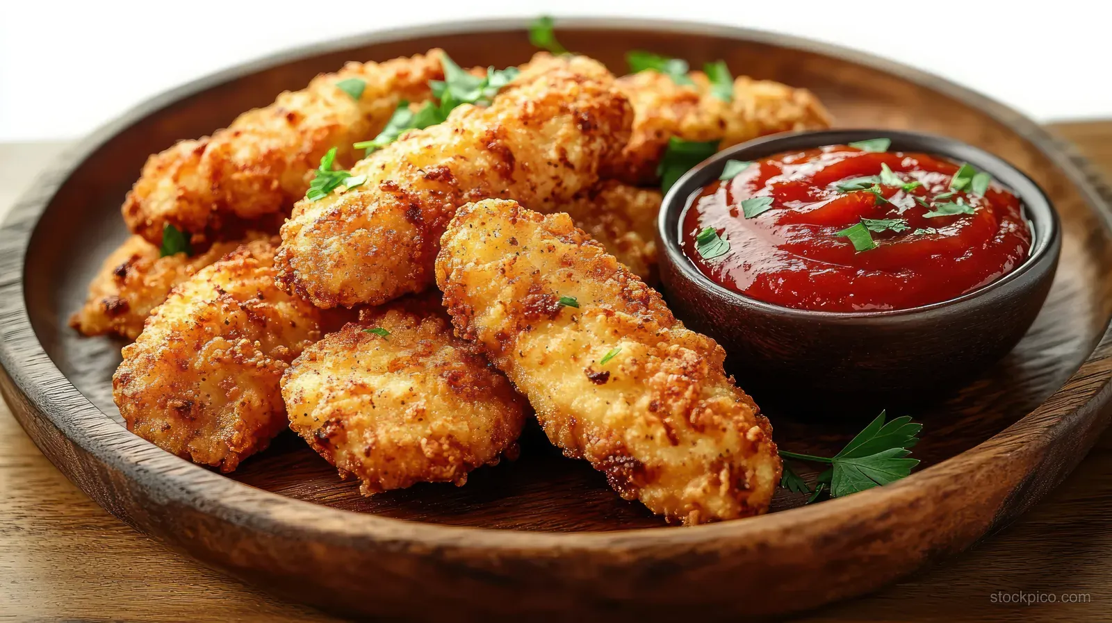 Crispy golden chicken tenders with parsley in a wooden bowl next to a cup of red dipping sauce.
