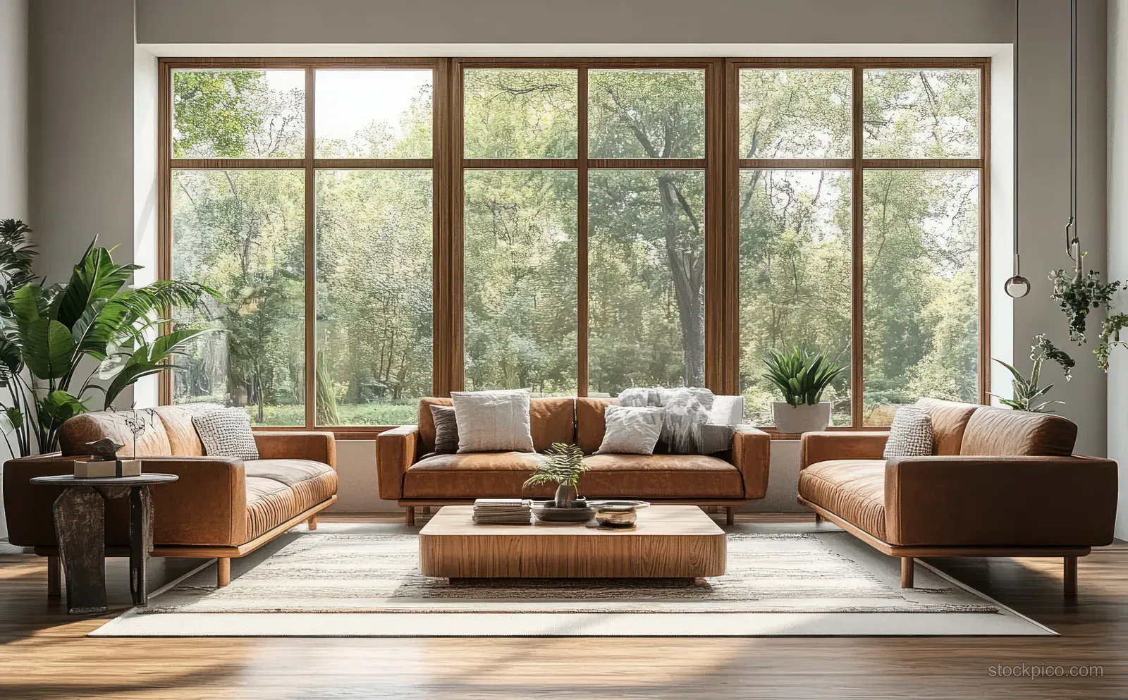 Tan leather sofas face a wooden coffee table in a sunlit living room with large windows and greenery outside.
