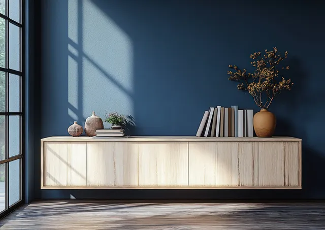 Light wooden sideboard with books and small decor on a blue wall in a minimalist Scandinavian hallway with window shadows.