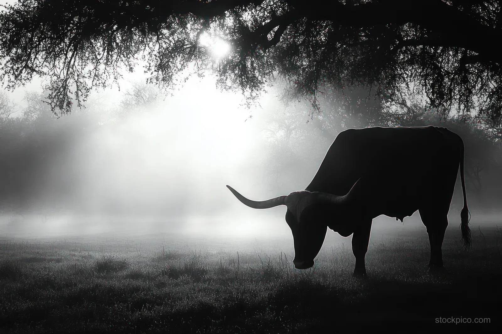 Silhouette of a Texas longhorn cow grazing in a foggy spring field under sunrise light.