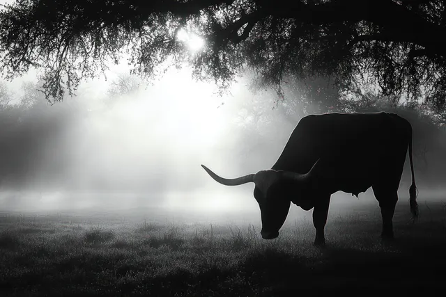 Silhouette of a Texas longhorn cow grazing in a foggy spring field under sunrise light.