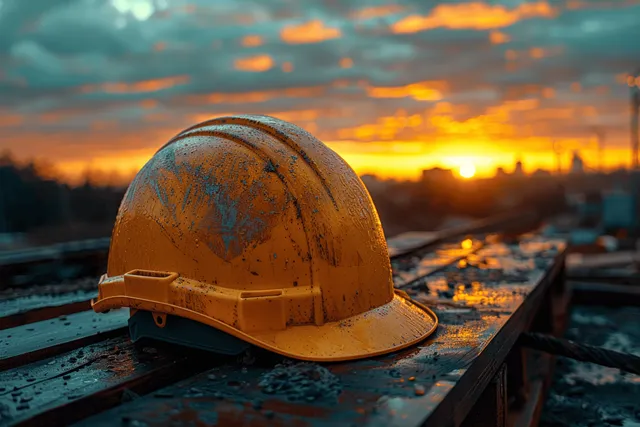 Yellow construction helmet resting on wet metal at sunset, construction site backdrop