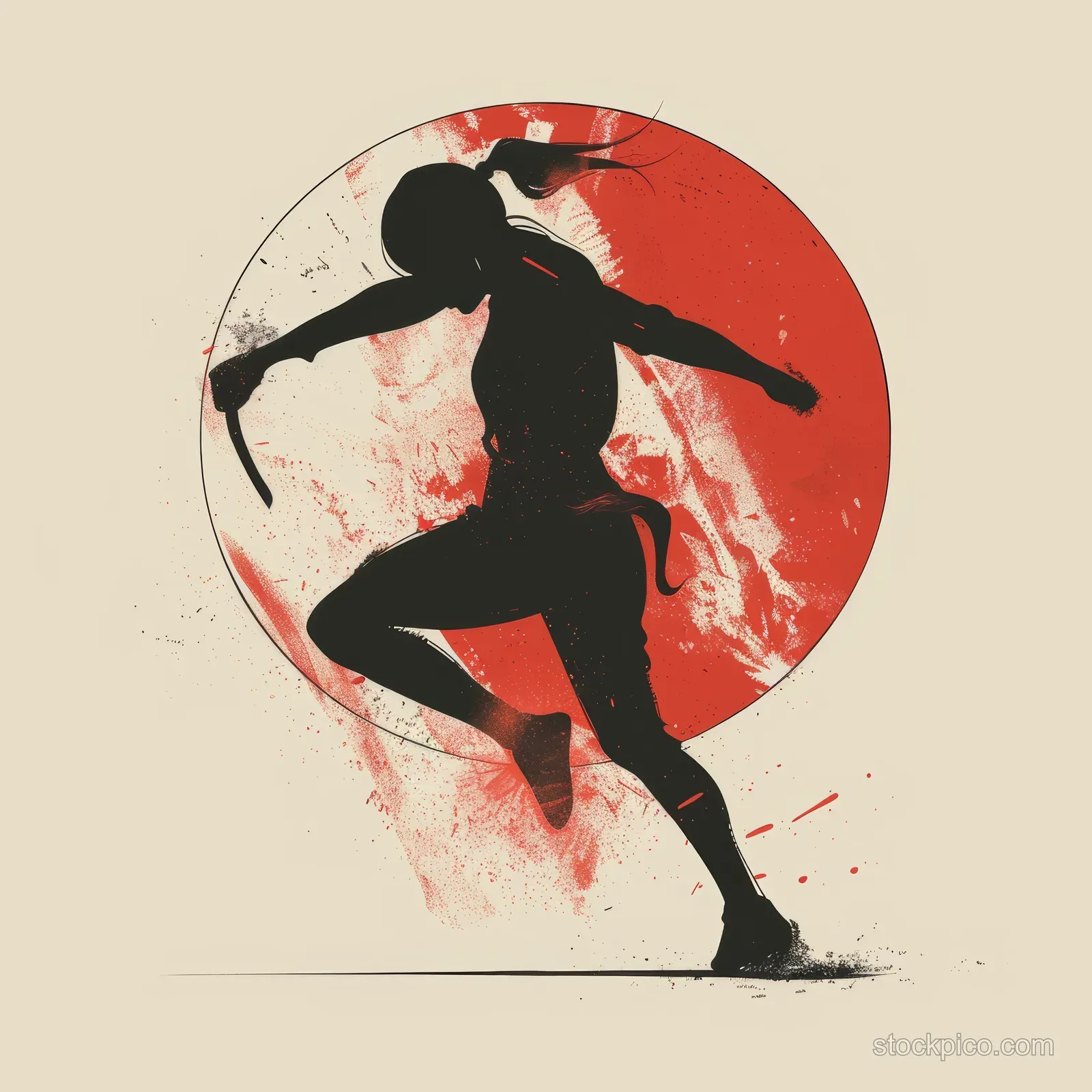 Silhouette of a female freestyle wrestler lunging forward against a red sunburst circle with paint splatter texture.