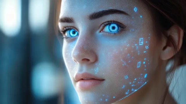 Close-up of a young woman with glowing blue digital patterns and bright blue eyes.