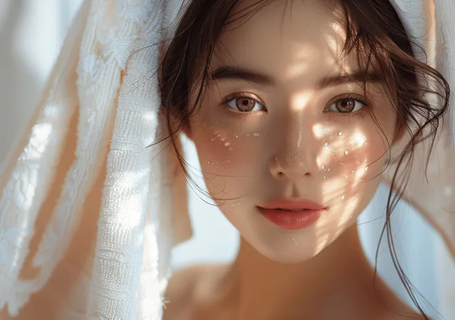 An Asian woman applies skincare in warm morning window light, shown in a close-up portrait.