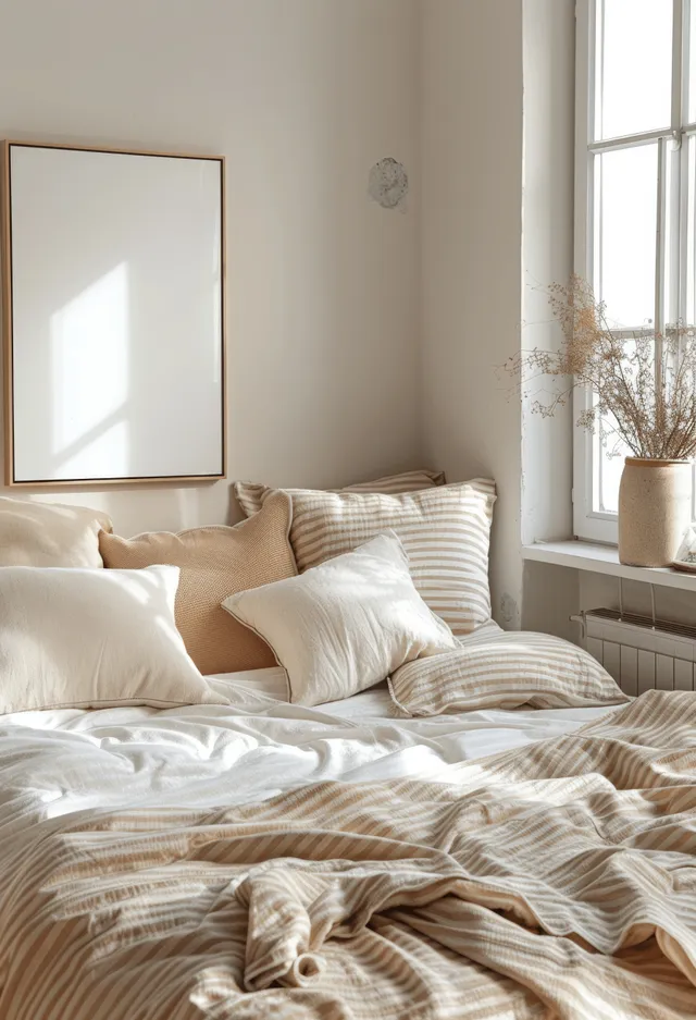 Beige striped bedding and pillows in a minimalist bedroom beside a sunlit window.
