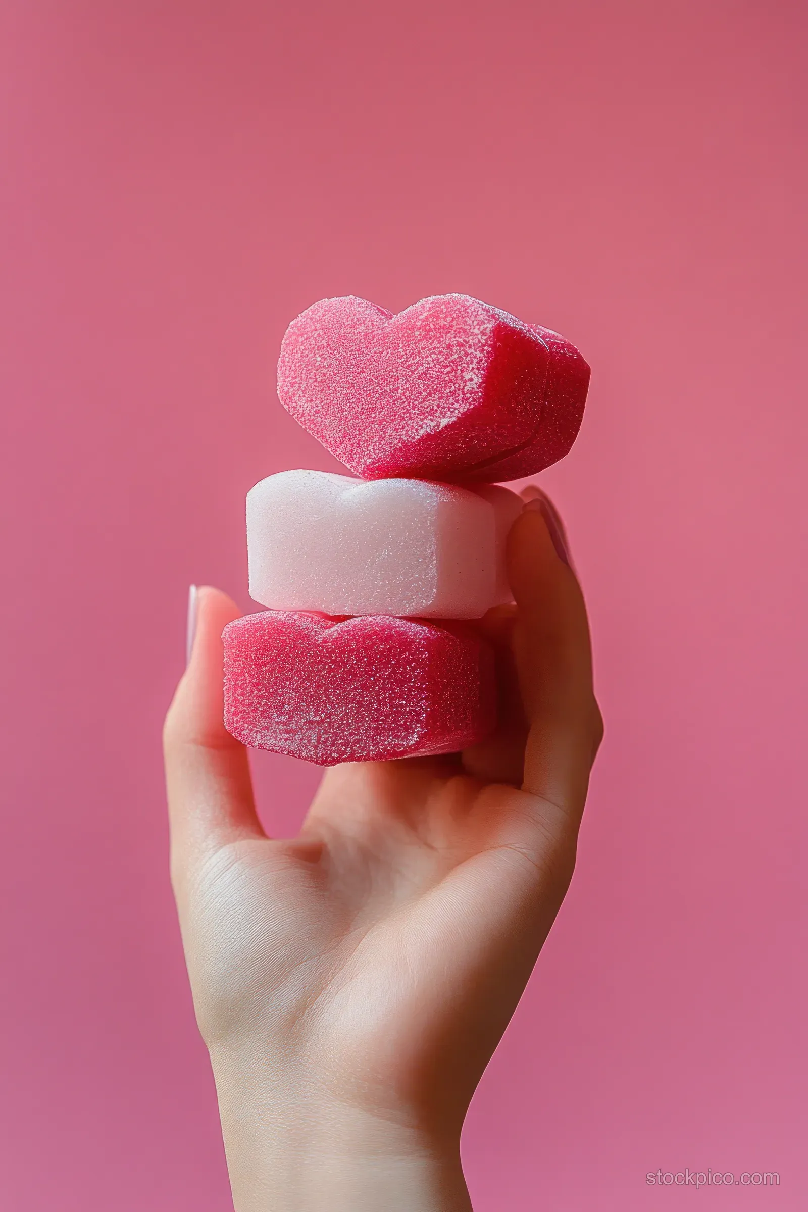 Hand holding three stacked heart-shaped gummy candies against a pink background.