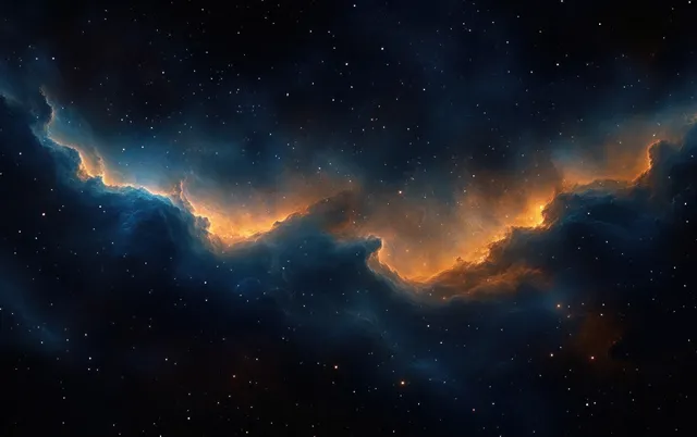 A swirling blue and orange nebula spreads across a starry black sky like classic oil paint.