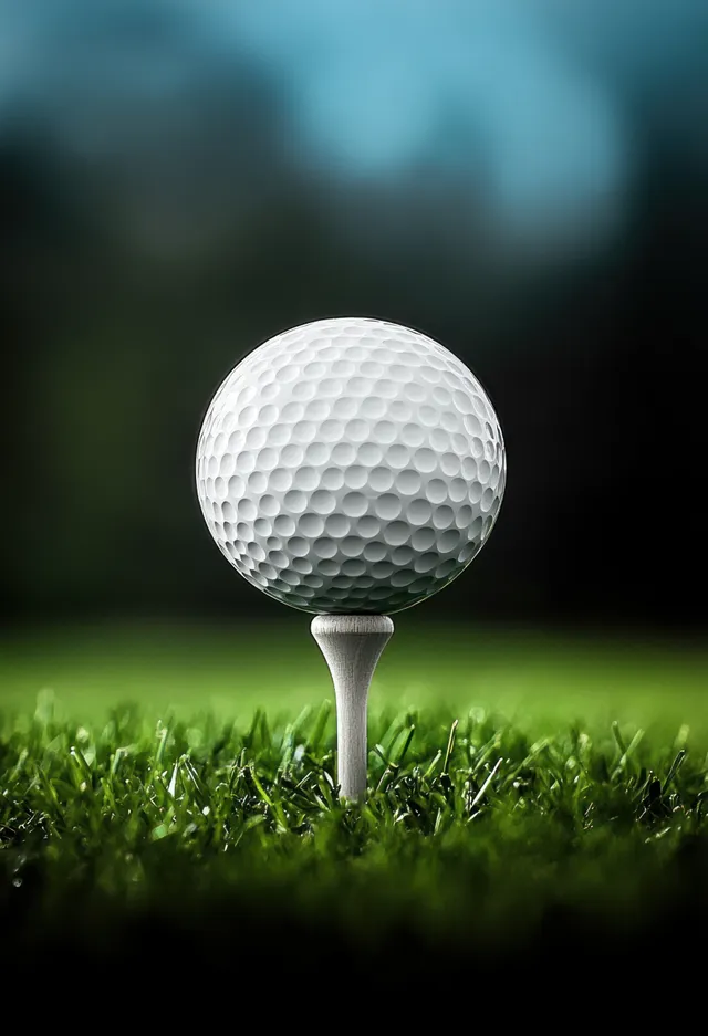 A white golf ball rests on a wooden tee in green grass with a blurred background behind it.