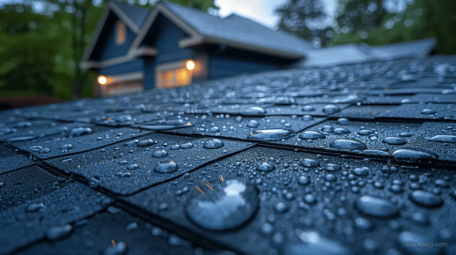 Raindrops bead on a black shingle roof with hail damage visible across the rooftop surface.