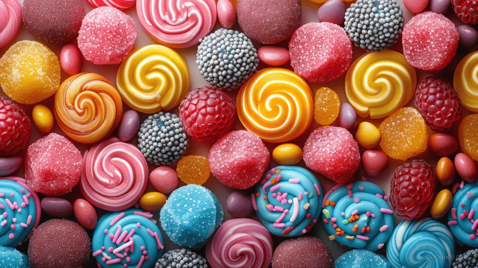Colorful candies and jelly beans fill the frame in a close-up pattern.