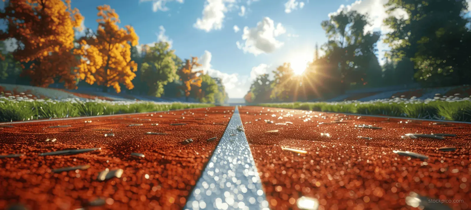 Autumn running track covered in fallen leaves stretches forward under a clear blue sky with sunlight flaring at the horizon.