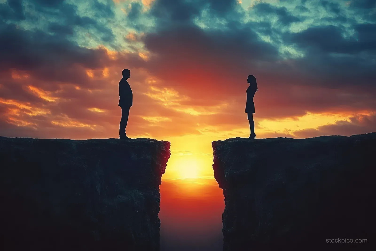 Silhouetted man and woman stand on opposite cliff edges facing each other beneath a colorful dramatic sunset.