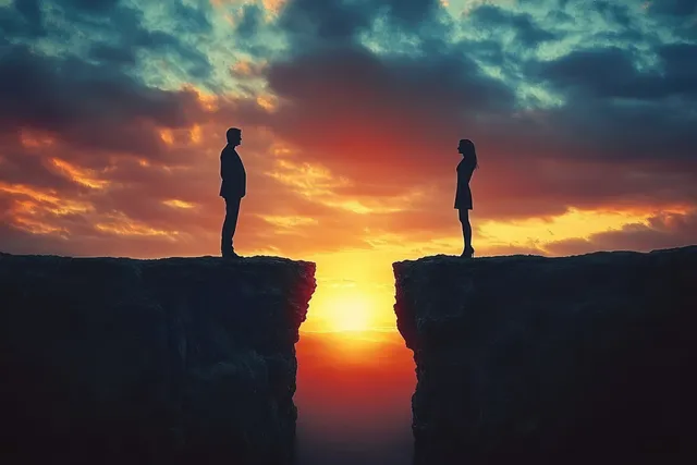 Silhouetted man and woman stand on opposite cliff edges facing each other beneath a colorful dramatic sunset.
