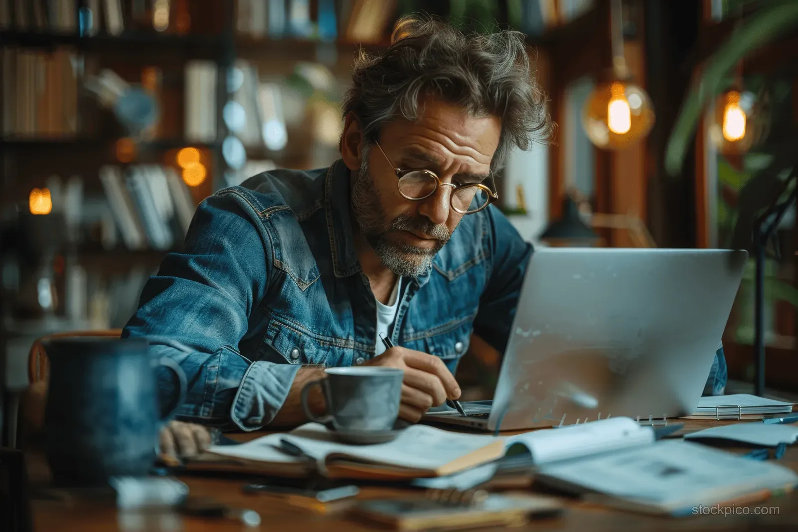 Man in glasses writes notes beside a laptop at a desk in a home office.