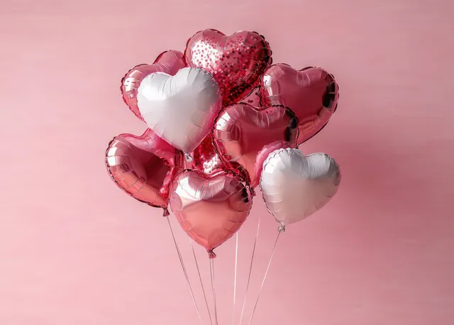 A tied cluster of heart-shaped red, silver, and confetti balloons floats against a soft pink background.