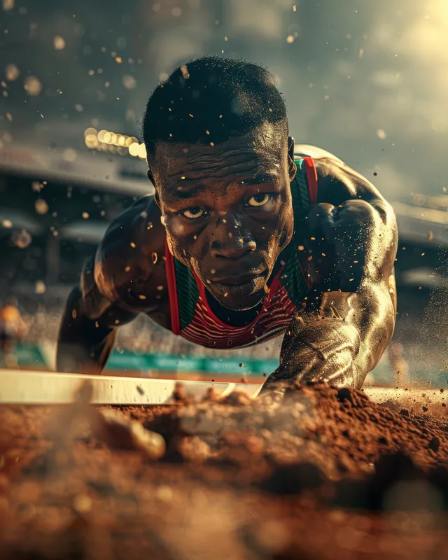 South African long jumper crouches at the runway before a sand pit leap under stadium lights