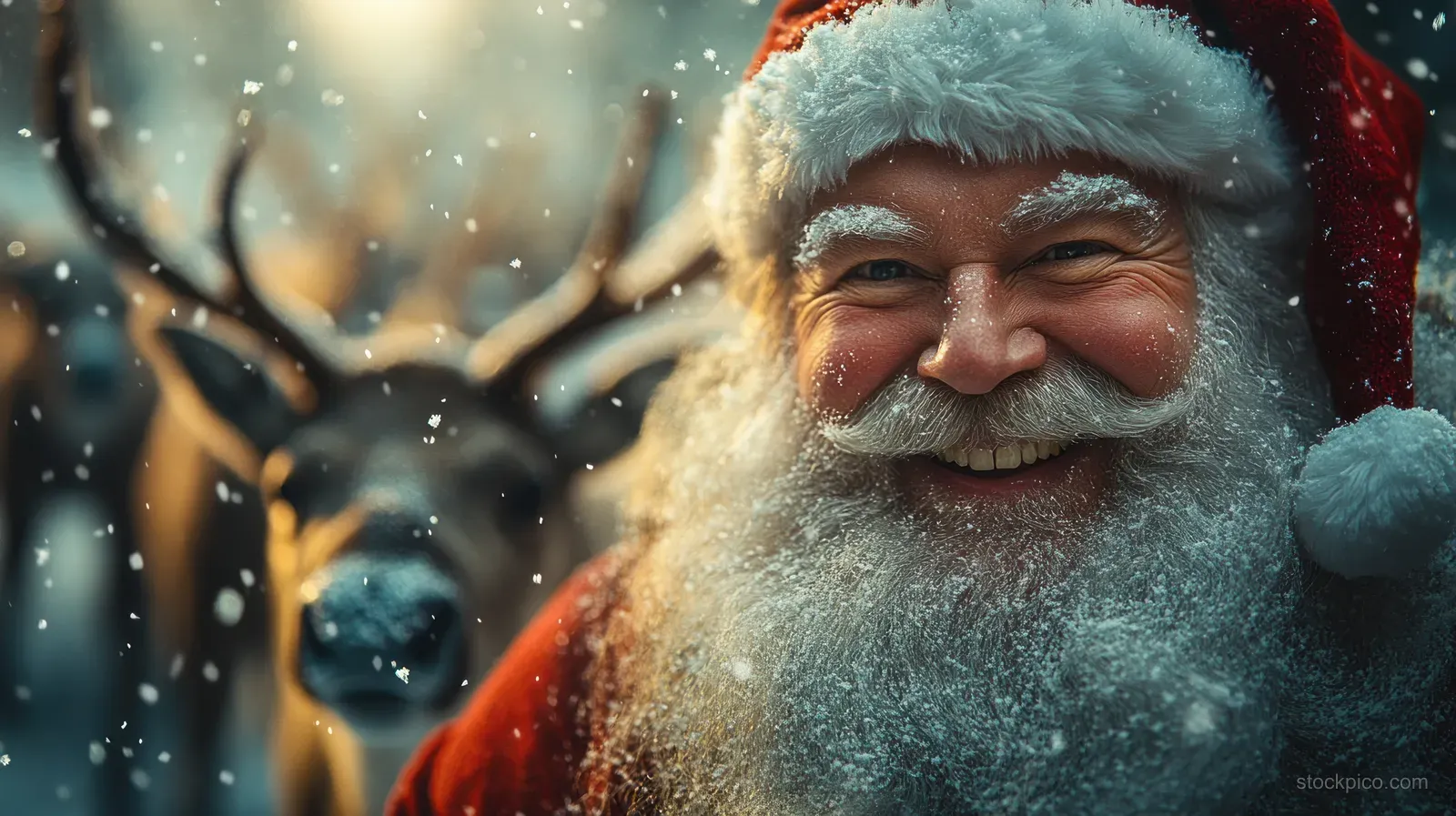 Smiling Santa Claus in a fur-trimmed hat stands outdoors in a snowy forest with falling snowflakes.