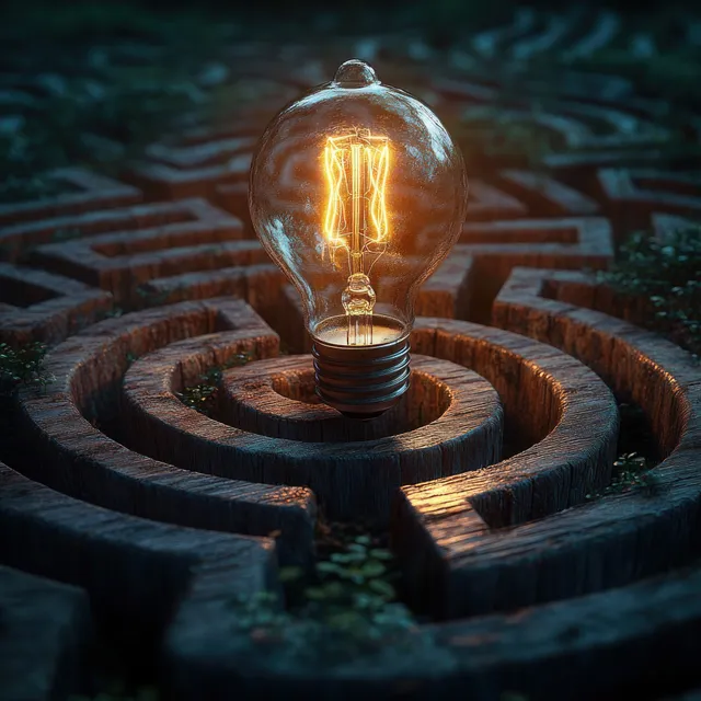 A glowing light bulb sits in the center of a dark wooden maze.